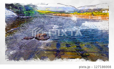 スケッチ風 スケッチ 風景 キレイ 俯瞰 ドローン写真 上空 空 山 空中 浮遊 幻想的 ドローン 127186008