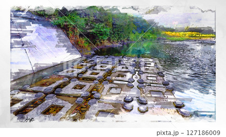 スケッチ風 スケッチ 風景 キレイ 俯瞰 ドローン写真 上空 空 山 空中 浮遊 幻想的 ドローン 127186009