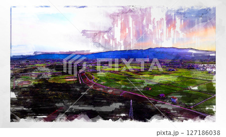 スケッチ風 スケッチ 風景 キレイ 俯瞰 ドローン写真 上空 空 山 空中 浮遊 幻想的 ドローン 127186038