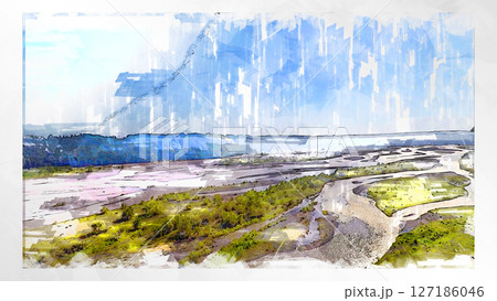 スケッチ風 スケッチ 風景 キレイ 俯瞰 ドローン写真 上空 空 山 空中 浮遊 幻想的 ドローン 127186046