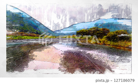 スケッチ風 スケッチ 風景 キレイ 俯瞰 ドローン写真 上空 空 山 空中 浮遊 幻想的 ドローン 127186079