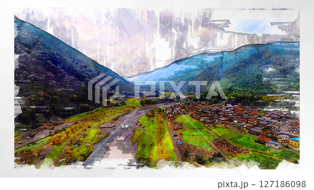 スケッチ風 スケッチ 風景 キレイ 俯瞰 ドローン写真 上空 空 山 空中 浮遊 幻想的 ドローン 127186098