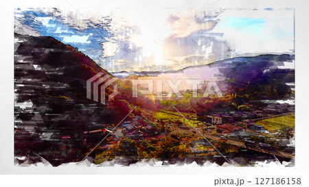 スケッチ風 スケッチ 風景 キレイ 俯瞰 ドローン写真 上空 空 山 空中 浮遊 幻想的 ドローン 127186158