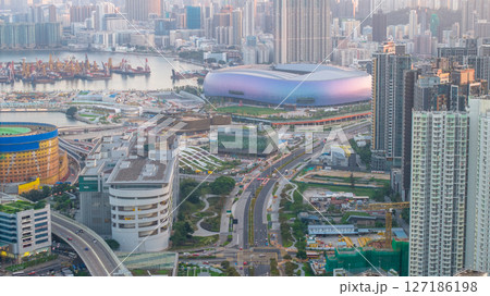 June 6 2025 Skyline at Sunset with Vibrant Urban Buildings and Harbor View 127186198