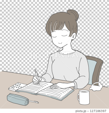 Woman filling out a notebook with eyes closed 127186397