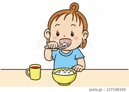 上手持ちでご飯を食べる幼児のかわいいイラスト素材 127186560