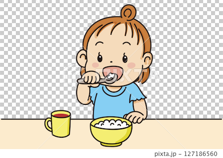 Cute illustration of a toddler eating rice with his hands 127186560