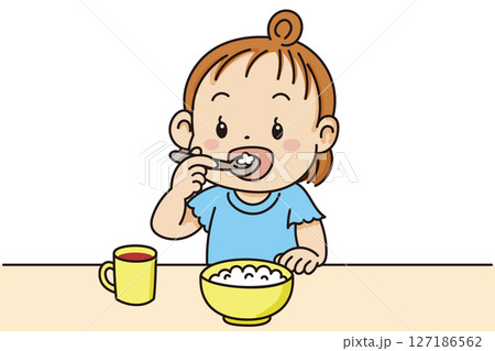 スプーンを鉛筆持ちでご飯を食べる子供のかわいいイラスト素材 127186562