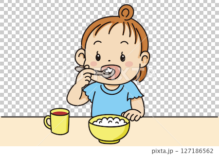 一個孩子拿著湯匙和鉛筆吃米飯的可愛插圖 127186562
