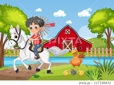 Happy Boy Riding Horse on Farm Happy Boy Riding Horse on Farm 127186632
