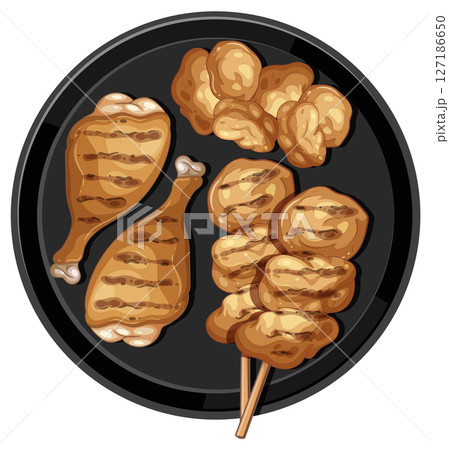 Thai Grilled Chicken Vector Illustration on Black Plate Thai Grilled Chicken Vector Illustration on Black Plate 127186650