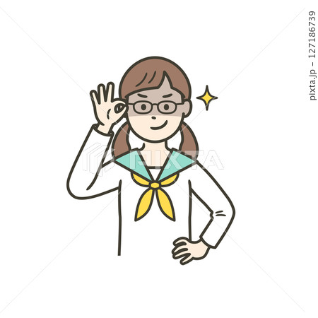 眼鏡を上げて悪巧みしてニヤける女子学生女子 127186739