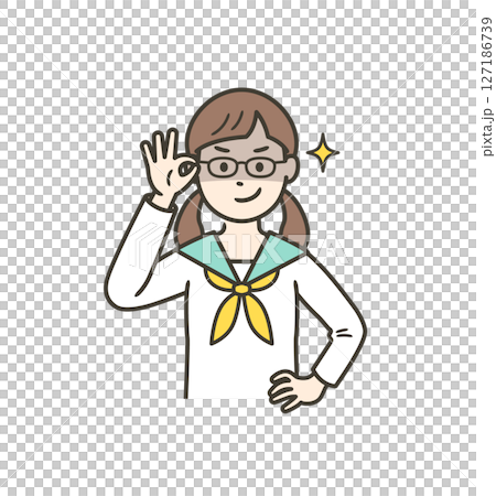 眼鏡を上げて悪巧みしてニヤける女子学生女子 127186739