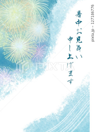 打上花火と川の涼しげな夏イメージの縦長水彩イラスト　暑中見舞い 127186776