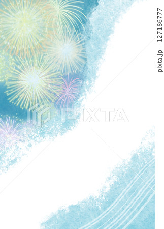 打上花火と川をイメージした涼しげな夏のイラストを用いた背景フレーム 127186777