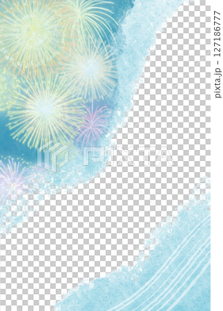 打上花火と川をイメージした涼しげな夏のイラストを用いた背景フレーム 127186777