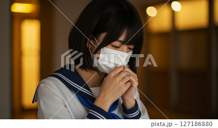 夜の屋外で、マスクをして咳をしているセーラー服姿の女子高生 夜の屋外で、マスクをして咳をしているセーラー服姿の女子高生 127186880