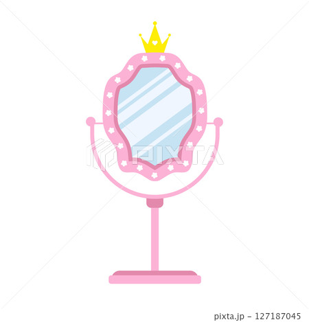 Princess mirror. Small table mirror for applying women makeup. Furniture for princess or royal room interior. Vintage Vector illustration in flat cartoon style 127187045