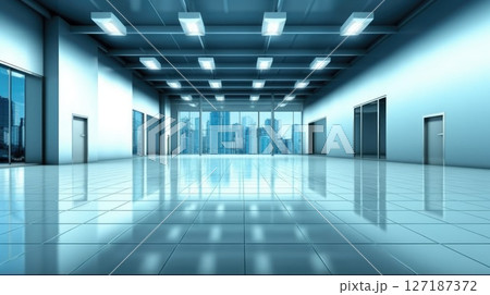 Modern Empty Office Space with Large Windows and City Skyline View 127187372