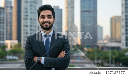 Smiling South Asian Man with Short Black Hair and Beard in Business Suit Standing Outdoors in Modern City 127187377