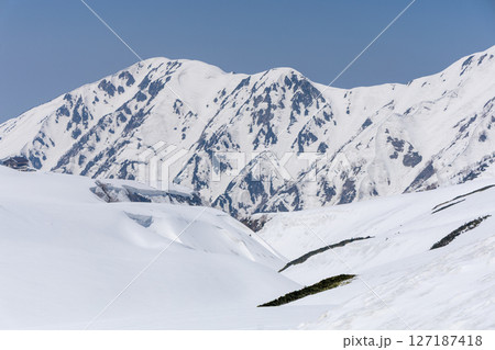 4月の春、青空の下に堂々と広がる真っ白な立山連峰の雄大な雪景色。 127187418
