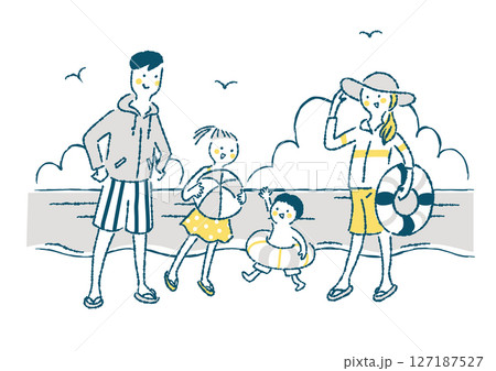 海水浴を楽しむ水着姿の家族4人のイラスト 海水浴を楽しむ水着姿の家族4人のイラスト 127187527