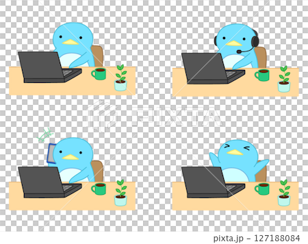 リモートワークをするペンギンのイラストセット 主線あり リモートワークをするペンギンのイラストセット 主線あり 127188084
