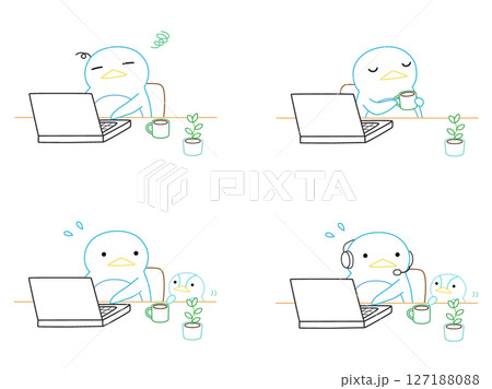 リモートワークをするペンギンのイラストセット カラー線画 リモートワークをするペンギンのイラストセット カラー線画 127188088