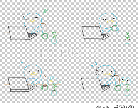 リモートワークをするペンギンのイラストセット カラー線画 リモートワークをするペンギンのイラストセット カラー線画 127188088