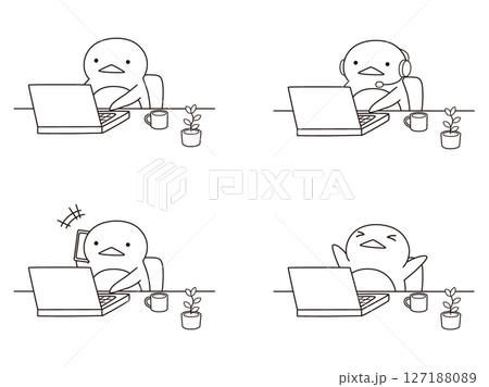 リモートワークをするペンギンのイラストセット 線画 リモートワークをするペンギンのイラストセット 線画 127188089
