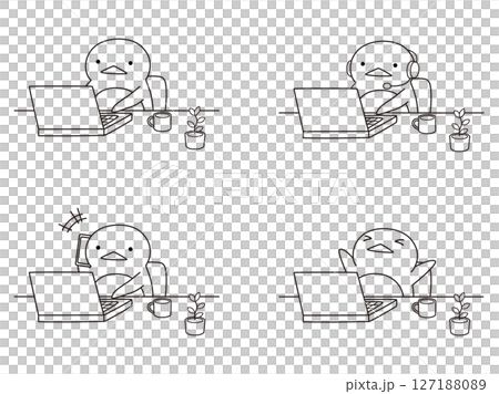 リモートワークをするペンギンのイラストセット 線画 リモートワークをするペンギンのイラストセット 線画 127188089