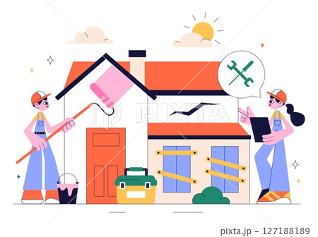 Home Renovation or Repair Service Vector Illustration Featuring a Team of Cleaners and Repair Workers Building, Painting, and Maintaining a House 127188189