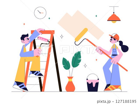 Home Renovation or Repair Service Vector Illustration Featuring a Team of Cleaners and Repair Workers Building, Painting, and Maintaining a House Home Renovation or Repair Service Vector Illustration Featuring a Team of Cleaners and Repair Workers Building, Painting, and Maintaining a House 127188195
