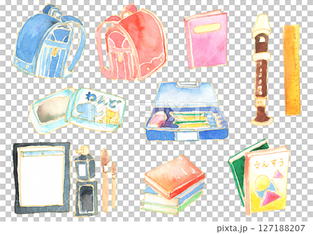小学生の持ち物セット｜ランドセル・文房具・教科書の水彩イラスト 127188207