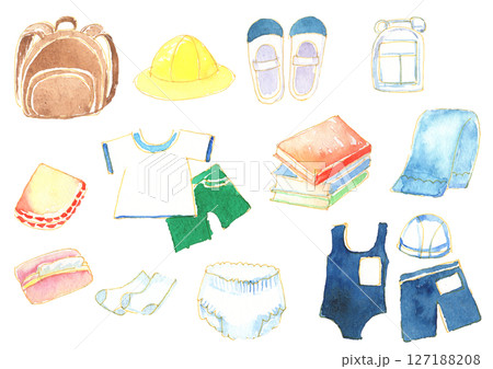 幼児・小学生の登園登校準備アイテム｜水彩で描いた持ち物セット 127188208