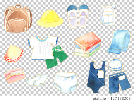 Items for preschoolers and elementary school students to prepare for going to kindergarten and school | Watercolor set of belongings 127188208