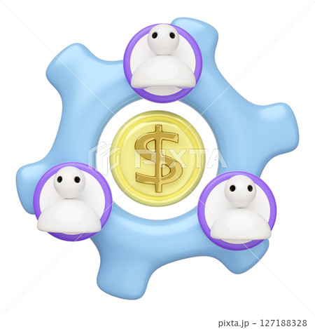 3d gear icon with people team isolated. Teamwork concept, cartoon style, 3d render illustration 127188328