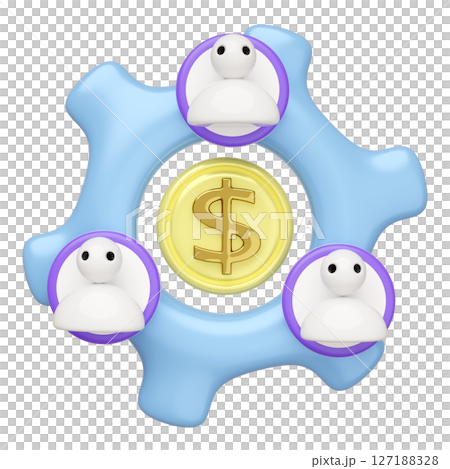 3d gear icon with people team isolated. Teamwork concept, cartoon style, 3d render illustration 127188328
