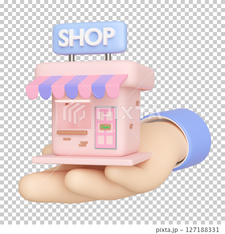 3D Businessman hand holding store building icon isolated. cartoon style. Shop Building For Rent Or Buy, startup franchise business concept, 3d render illustration 3D Businessman hand holding store building icon isolated. cartoon style. Shop Building For Rent Or Buy, startup franchise business concept, 3d render illustration 127188331