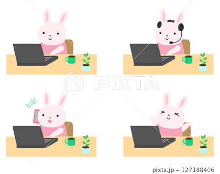 リモートワークをするウサギのイラストセット 主線なし リモートワークをするウサギのイラストセット 主線なし 127188406