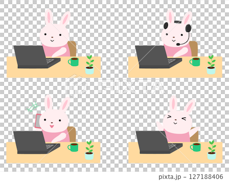 リモートワークをするウサギのイラストセット 主線なし リモートワークをするウサギのイラストセット 主線なし 127188406