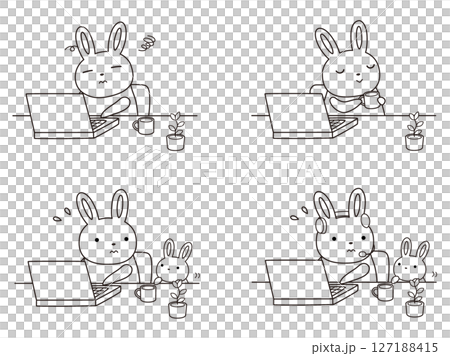 一組遠距工作的兔子的插圖線條畫 127188415