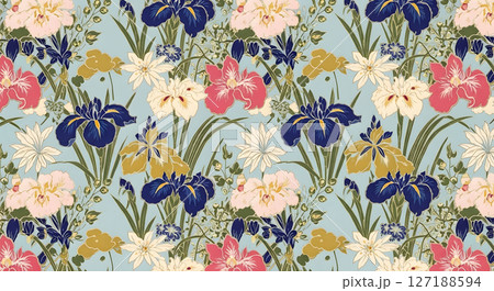 日本画風の菖蒲の花柄背景 127188594