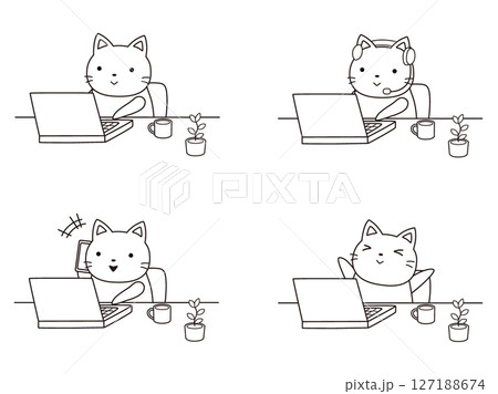 リモートワークをするネコのイラストセット 線画 リモートワークをするネコのイラストセット 線画 127188674