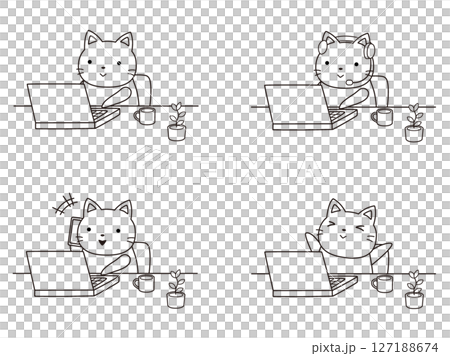 Illustration set of cats working remotely Line drawing Illustration set of cats working remotely Line drawing 127188674