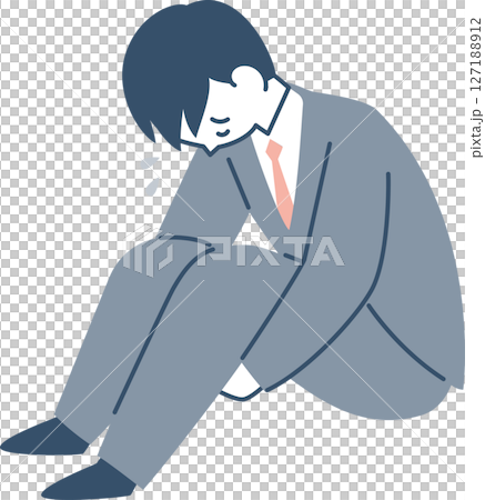 一位西裝革履的年輕男子低著頭坐著 一位西裝革履的年輕男子低著頭坐著 127188912