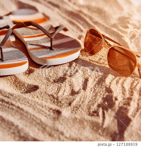 Summer Beach Scenes with Beach Essentials. Tropical Vacation Photography Summer Beach Scenes with Beach Essentials. Tropical Vacation Photography 127188919