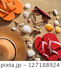 Summer Beach Scenes with Beach Essentials. Tropical Vacation Photography 127188924