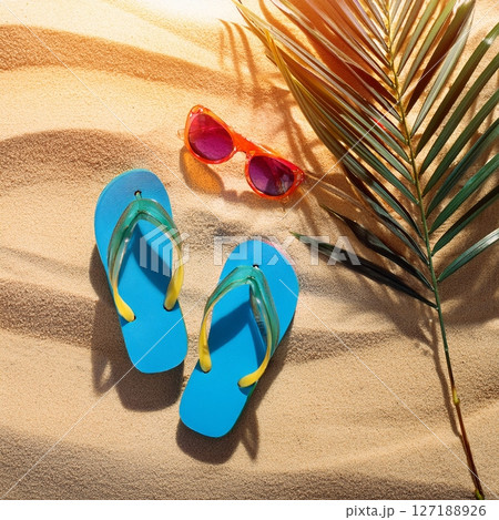 Summer Beach Scenes with Beach Essentials. Tropical Vacation Photography 127188926