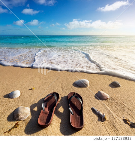 Summer Beach Scenes with Beach Essentials. Tropical Vacation Photography Summer Beach Scenes with Beach Essentials. Tropical Vacation Photography 127188932